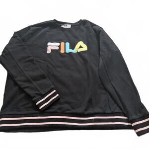 FILA Embroidered Logo Black Crewneck Sweatshirt XXL Pink Stripe Hem